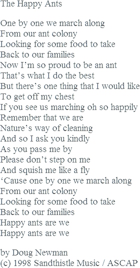 The Happy Ants, Bugs and Critters, Doug Newman, Song Lyrics